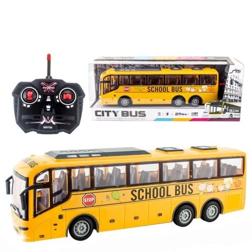RC autobus 1:30 31,5×11,5×8 cm Elektrický model 27 MHz 4kanálové diaľkové ovládanie LED svetlá Žltý školský autobus pre deti