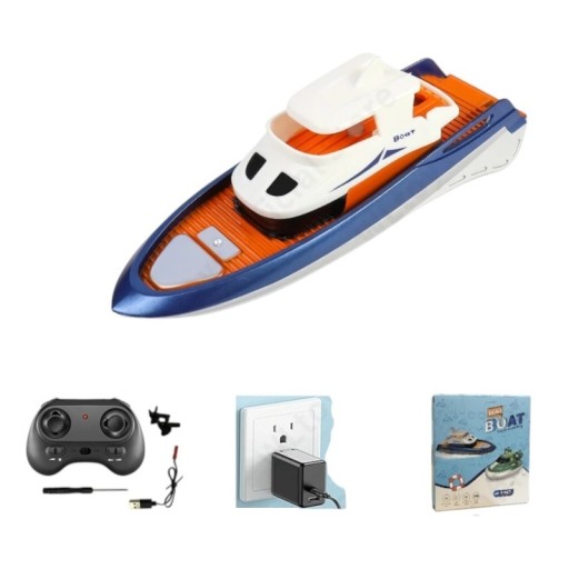 RC blauw-oranje boot 4 x 4,5 x 14 cm Dubbele motor 8 km/h LED verlichting 2,4 GHz 4 kanalen 30 m bereik Lithiumbatterij 3,7 V 100 mAh USB opladen