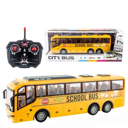 RC busz 1:30 31,5×11,5×8 cm Elektromos modell 27 MHz 4 csatornás távirányító LED világítás Sárga iskolai busz gyerekeknek