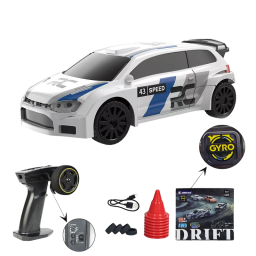 RC drift autó 1:43 fehér kék motívummal 2.4G 4WD 3,7 V 200mAh 20 m hatótávolság 30 perc vezetés USB-C töltés arányos irányítás valósághű világítás
