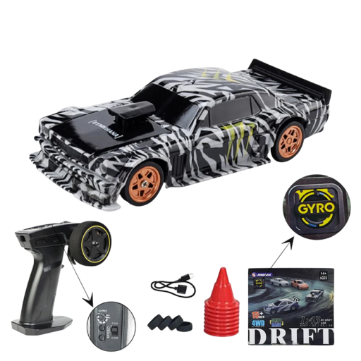 RC Drift-Auto 1:43 Schwarz mit Zebra-Muster 2.4G 20 m Reichweite 30 min Fahrzeit 3,7 V 200mAh Allradantrieb USB-C Ladegerät mit Fernbedienung und Kegeln