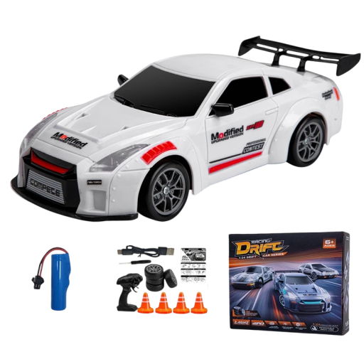RC driftauto 1:24 20 km/h 4WD metaal kunststof afstandsbediening 3,7 V 20 minuten rijtijd LED verlichting batterij kegels oplader witte kleur