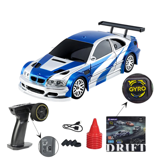 RC driftauto 1:43 blauw met zilveren strepen 2.4G 4WD 3,7 V 200mAh 20 m bereik 30 min rijden USB-C opladen proportionele besturing kegels