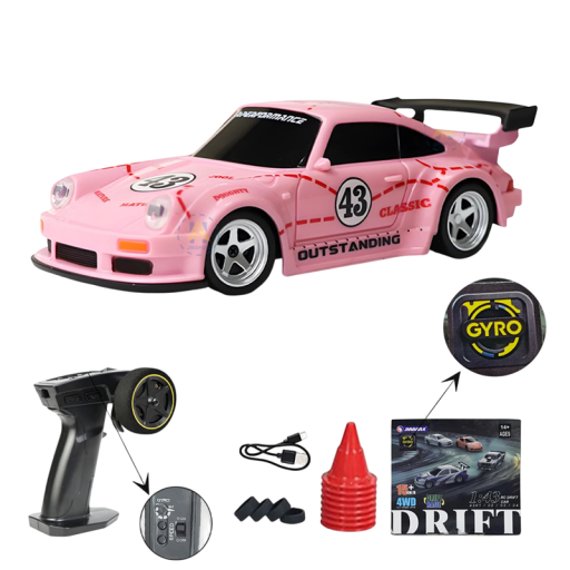 RC driftauto 1:43 roze 2.4G 4WD 3,7 V 200mAh 20 m bereik 30 min rijtijd USB-C opladen proportionele besturing realistische lichten hoge snelheid model