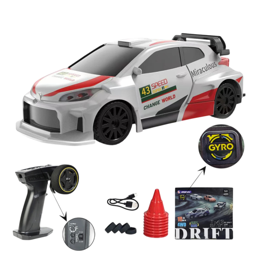 RC driftauto 1:43 wit met zwart-rode motieven 2.4G 4WD 3,7 V 200mAh 20 m bereik 30 min rijtijd USB-C opladen proportionele bediening