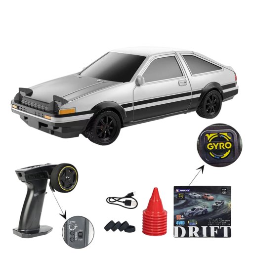 RC driftauto 1:43 zilver 2.4G 4WD 3,7 V 200mAh 20 m bereik 30 min rijtijd USB-C opladen proportionele afstandsbediening realistische lichten RTR