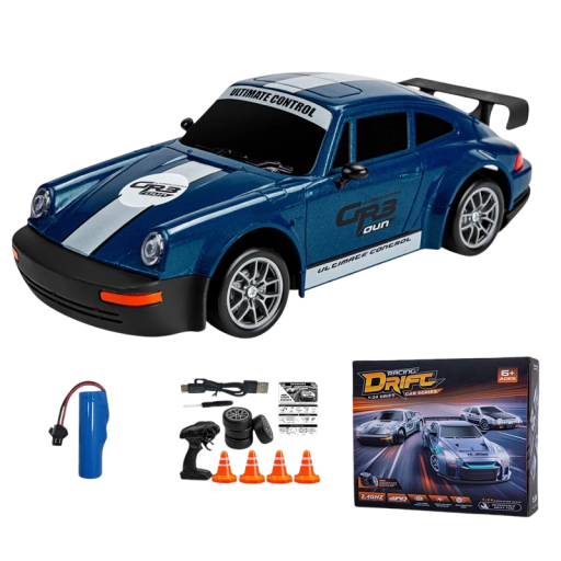 RC driftovací auto 1:24 modré 20 km/h 4WD kov plast dálkové ovládání 3,7 V lithiová baterie 20 minut jízdy kužely nabíječka 4 kanály