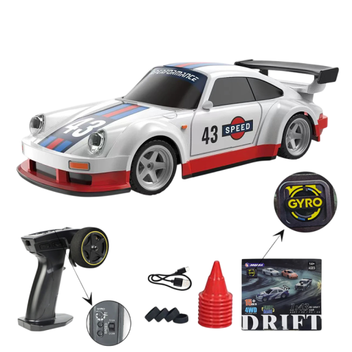 RC driftujące auto 1:43 białe z czarno-czerwonymi motywami 2.4G 4WD 3,7 V 200mAh 20 m zasięg 30 min jazdy ładowanie USB-C proporcjonalne zdalne sterowanie