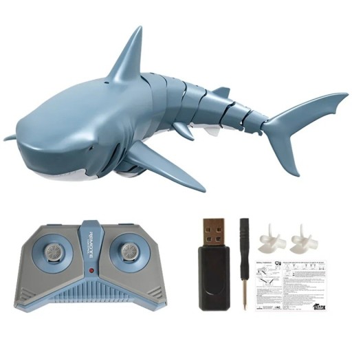 RC Hai 35×14×10 cm Blauer ferngesteuerter Wasserfahrzeug 2 Geschwindigkeiten 360° Drehung Wasserdichte Gummidichtung Realistisches Schwimmen
