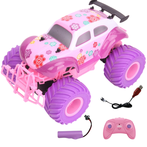 RC Pickup 24×17×15.8 cm Pink Electric Remote Control Car 2.4G Off-Road Stunt Car with Rubber Tyres Anti-Collision Frame Gift for Children