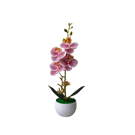 Realista művirág orchidea növény cserépben 37x8,5 cm PP rózsaszín asztali dísz ablakpárkányra lakásba irodába belső térbe