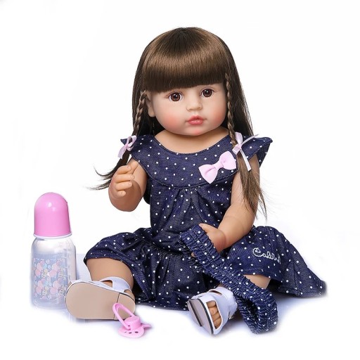 Realistic Girl Doll 50 cm with Long Brown Hair Made of Quality Vinyl Material Clothing Dummy Feeding Bottle Certificate