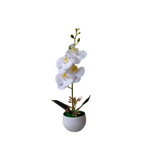 Realistická umelá orchidejová rastlina v kvetináči elegantná dekorácia 37x8,5 cm PP stolná ozdoba do bytu kancelárie interiéru