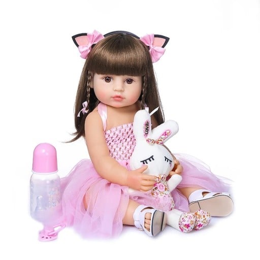 Realistische Mädchenpuppe 50 cm aus Vinyl mit langen Haaren Kleidung Schnuller Flasche und Zertifikat