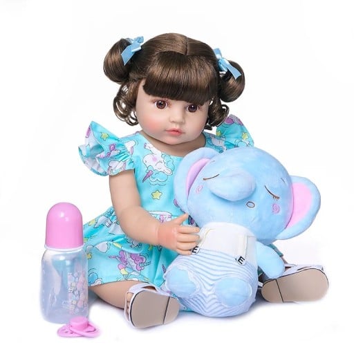 Realistische Mädchenpuppe 50 cm mit braunen zusammengebundenen Haaren aus hochwertigem Vinylmaterial Kleidung Schnuller Flasche zur Fütterung Zertifikat