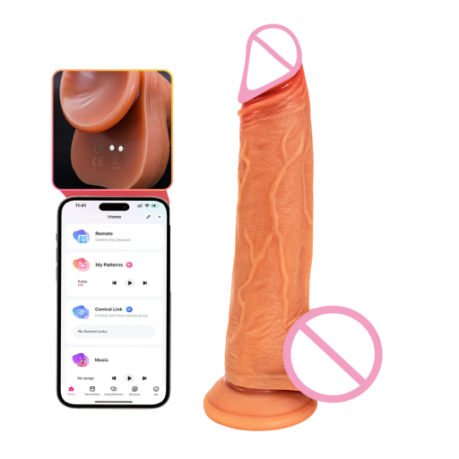 Realistisk silikonedildo 21 cm med sugekop styret via mobiltelefon og fjernbetjening for intens nydelse, diskret emballage