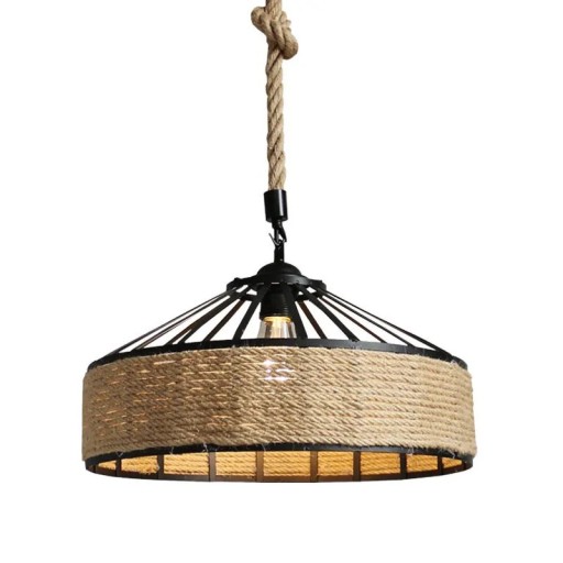 Rebpendellampe til E27-pærer Loftslysekrone i jern med ophængningsreb 80 cm Industriel rund pendellysekrone med reb 30 x 14 cm