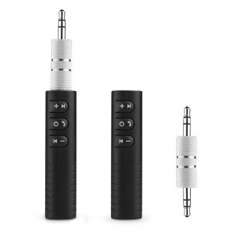 Receptor Bluetooth para coche con micrófono y conector jack Reproducción de música y llamadas manos libres desde el teléfono Cuerpo negro con botones