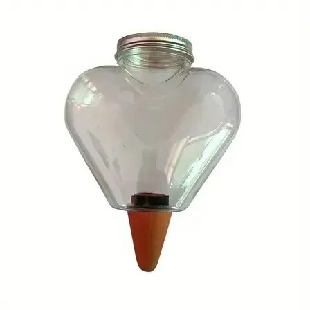Recipiente de agua transparente con forma de corazón y boquilla de riego para plantas de interior.