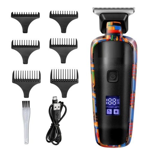 Recortadora de pelo y barba eléctrica profesional con pantalla digital Recortadora de pelo y barba con seis accesorios intercambiables de diferentes tamaños con indicador de carga de batería