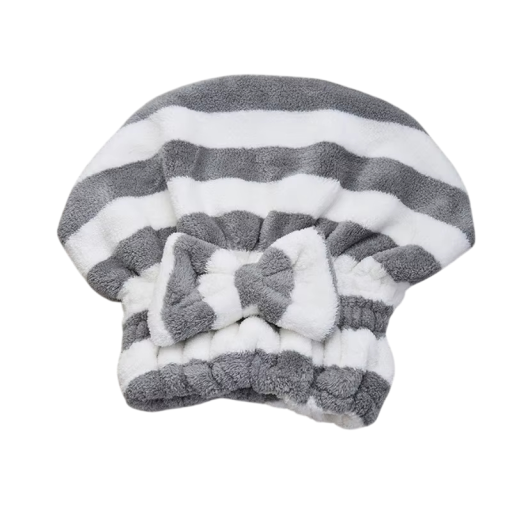 Ręcznik na włosy w formie czepka w paski 25 x 27 cm polar szybkoschnący chłonny turban na włosy do użytku po kąpieli i prysznicu