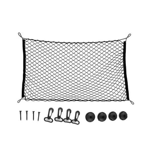Rede de armazenamento em nylon para o porta-malas do carro 110 x 60 cm Rede elástica universal com 4 ilhós e 4 ganchos Organizador do espaço