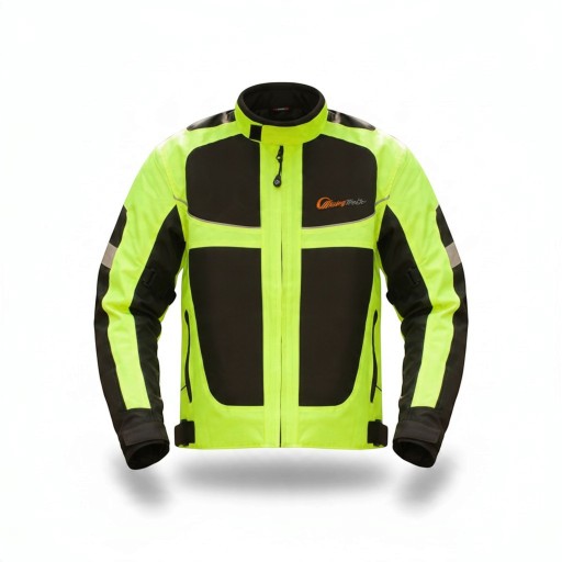 Reflective Motorcycle Jacket Unisex Stand-Up Collar and Zip Pockets Adjustable Sleeves and Waist Polyester and Nylon Neon Yellow and Black