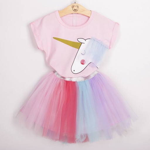Regenbogen-Einhorn-T-Shirt und Rock-Set für Mädchen – Rosa