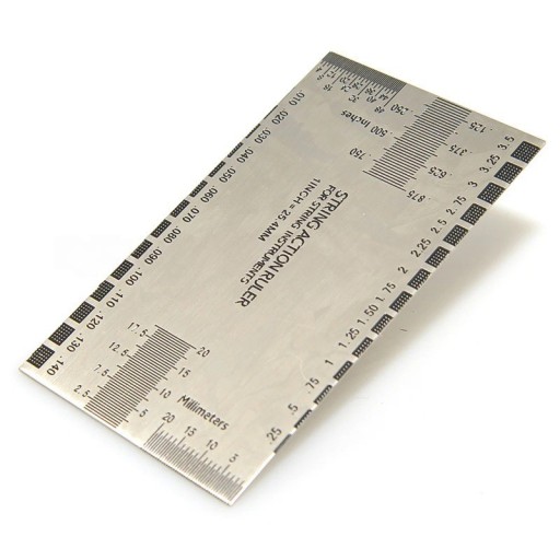 Regla de medición de altura de cuerdas de acero inoxidable, calibre plateado, herramienta para afinar guitarra y bajo.
