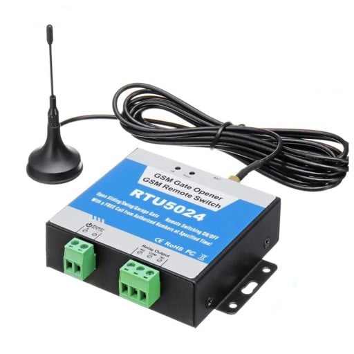 Relé GSM com antena externa 4 bandas DC 9–24 V na cor preto e prata para controlo remoto de portões