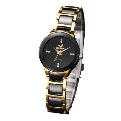 Reloj de mujer con correa de acero inoxidable negro y dorado Reloj elegante para mujer Diseño de lujo Materiales de calidad Accesorio de moda