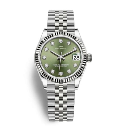 Relojes de lujo para dama con piedras en la esfera Ventana con fecha Luneta estriada Pulsera de eslabones plateada Resistente al agua 5 ATM