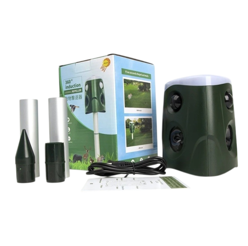 Repelent ultrasonic pentru animale 360° cu senzor infraroșu și alarmă LED, repelent impermeabil verde pentru șoareci și animale pentru grădină