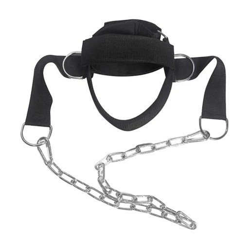 Reposacabezas de refuerzo con cadena metálica y acolchado de neopreno para entrenamiento de cuello y nuca en fitness o rehabilitación.