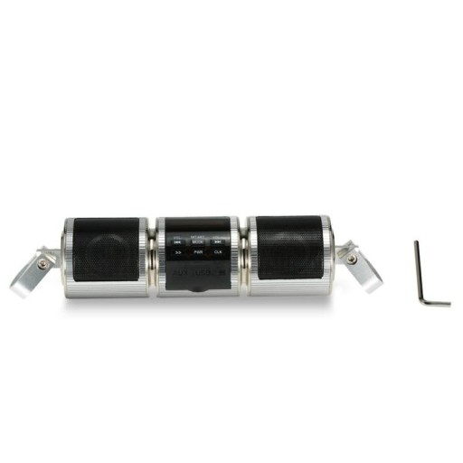 Reproductor Bluetooth para moto con radio FM y dos altavoces Panel de control Montaje en el manillar Alimentación 12 V Dimensiones 21 x 6 cm