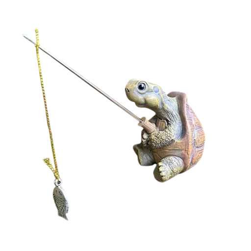 Resinstatue af en fiskeskildpadde 12 x 10 cm Havedekoration i form af en skildpadde med en fiskestang Håndmalet figur Resinskildpadde på fisk