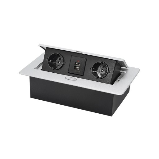 Retractable Socket Panel 2 EU Sockets + USB 265×118×70 mm Aluminium Panel with Push Button for Extension into Worktop