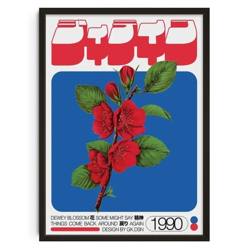 Retro-Blumenposter Dewey Blossom, 50 x 70 cm, Vintage-Rote Blume auf blauem Hintergrund, japanische Typografie, Leinwand, ungerahmt, Wanddekoration