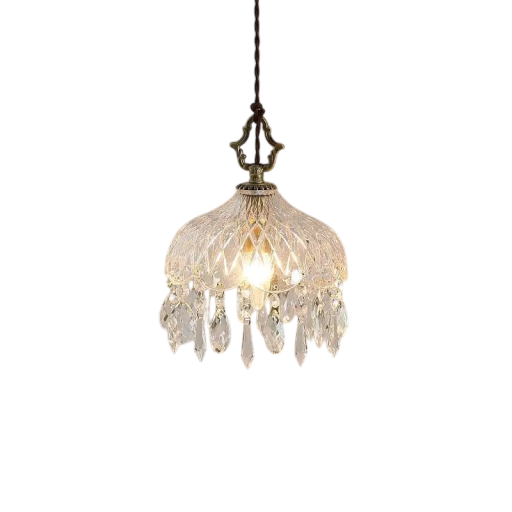 Retro hængelysekrone med glaskuppel og slebne krystaller LED-lampe med E14-fatning Elegant belysning Metalkonstruktion Diameter 20 cm