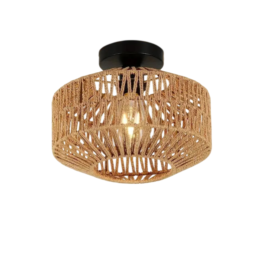 Retro hængende lysekrone i rattan, håndlavet, bambusloftslampe, naturligt design, E27-fatning, LED-kompatibel, justerbar lystemperatur, 30×22 cm
