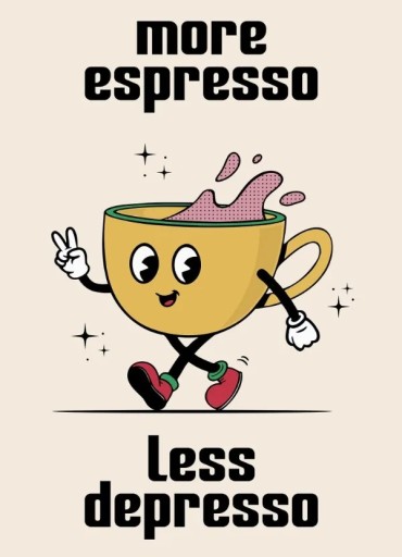 Retro juliste 50 x 70 cm More espresso less depresso Jalustalla oleva muki Kangaskuva Kahvilan ilman kehystä oleva koriste