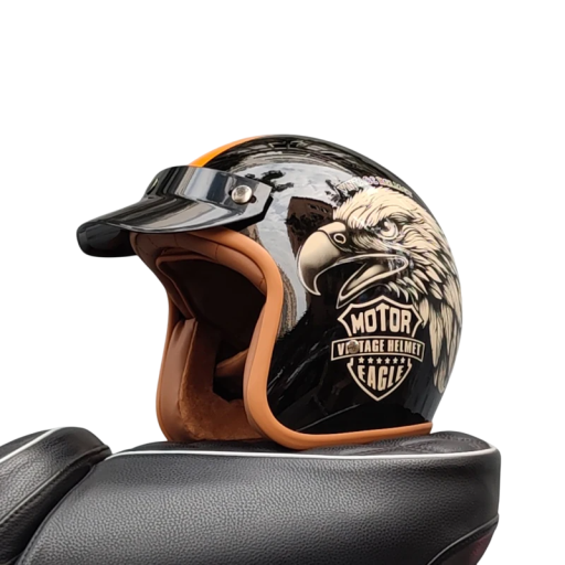 Retro kask motocyklowy czarny z orłem Stylowy kask dla motocyklistów Wytrzymały materiał ABS Lekka konstrukcja Otwory wentylacyjne Wyposażenie bezpieczeństwa