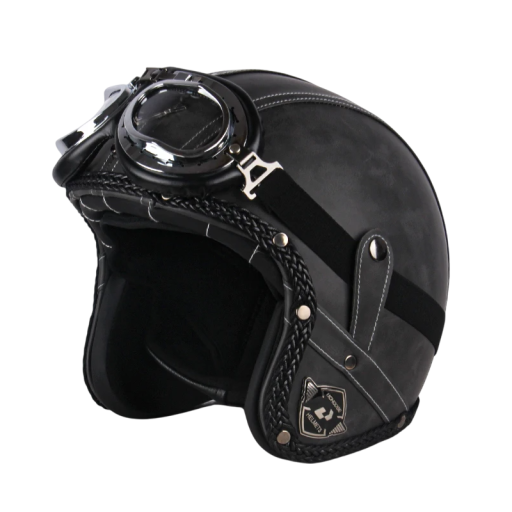 Retro kask motocyklowy z goglami Klasyczny design ze skórzanymi detalami Kask ochronny wykonany z materiału ABS do jazdy motocyklem