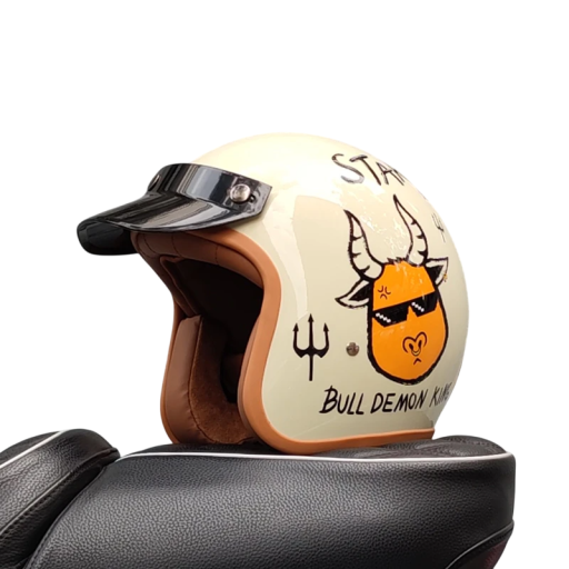 Retro motocyklová přilba s ilustrací býka Odolný ABS materiál Vintage design Otevřená helma s krátkým štítkem Stylová moto výbava