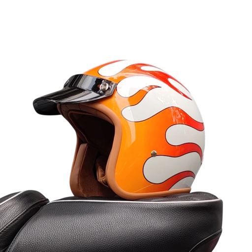 Retro motocyklová přilba s oranžovými plameny Stylová otevřená helma s ABS materiálem Bezpečnostní výbava pro jízdu na motorce