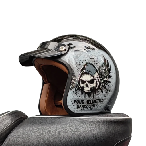 Retro motorhelm grijs met schedelmotief Stijlvolle open helm Duurzaam ABS-materiaal Veiligheidsvoering Ventilatieontwerp