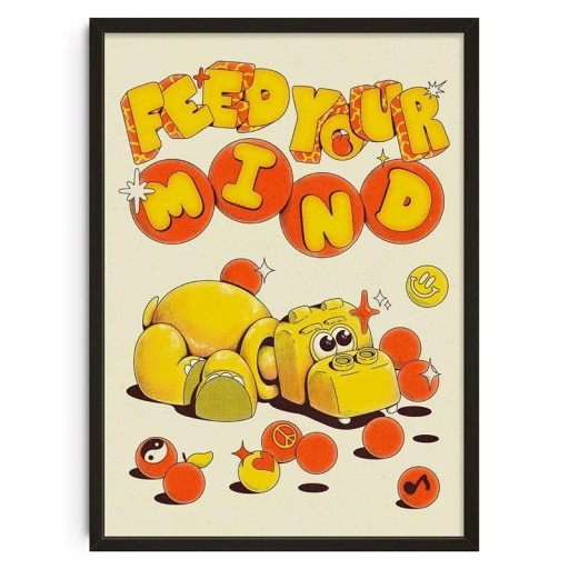 Retro Poster mit der Aufschrift Feed Your Mind 50x70 cm Farbenfroher lustiger Druck mit einem gelben Nilpferd Pop-Art Dekoration für Zimmer und Arbeitszimmer