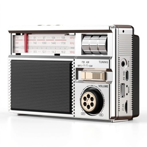 Retro radio 9,3 x 14,5 x 6,3 cm FM AM en SW met Bluetooth en MP3 van TF-kaart en USB met AUX-ingang en zonne-opladen in zilveren kleur