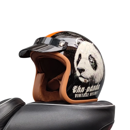 Retro sort motorcykelhjelm med panda motiv Open face motorcykelhjelm lavet af ABS-materiale Stilfuldt motorcykeludstyr Moderigtigt design til kørsel