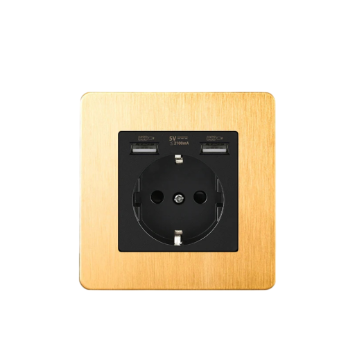 Retro wandcontactdoos EU Schuko inbouw met 2x USB 5 V/2,1 A, 86 × 86 mm, geborsteld roestvrij staal, goud, voor woning en kantoor